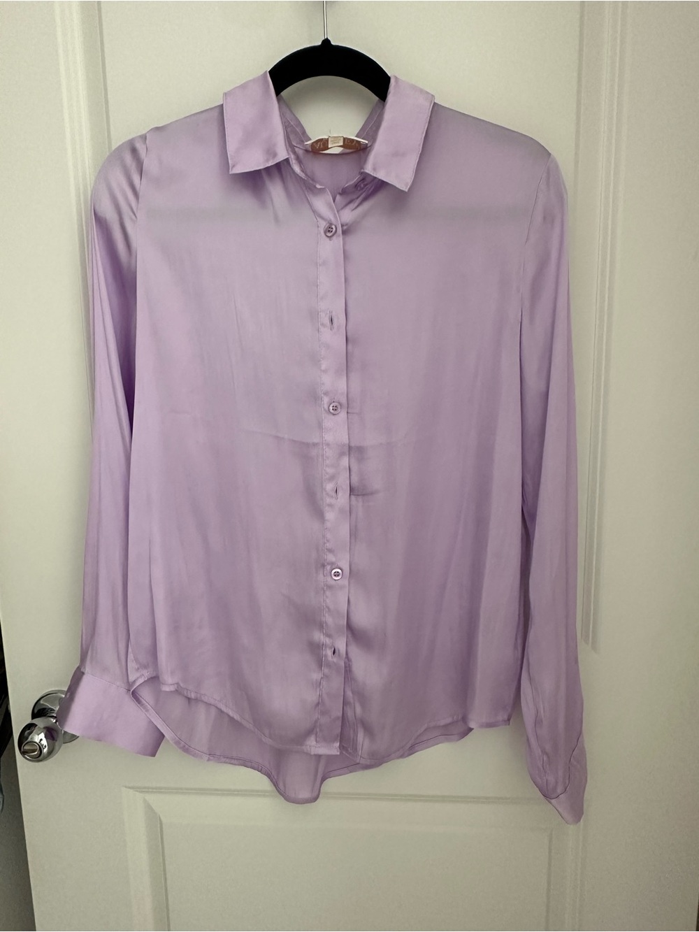 Francesca's Collections Lavender Satin Button-Down Shirt